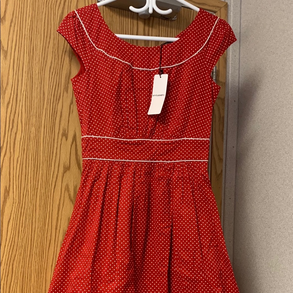 emily and fin red cotton polka dot dress XS